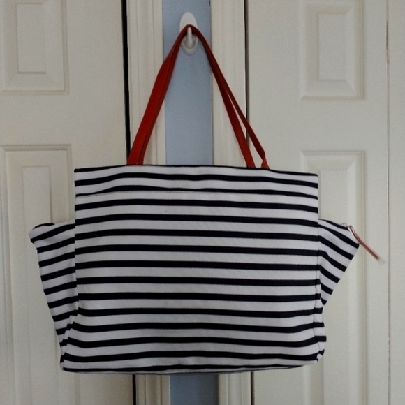 DSW Large Black White Stripe Weekender Travel Tote Bag - Picture 3 of 10
